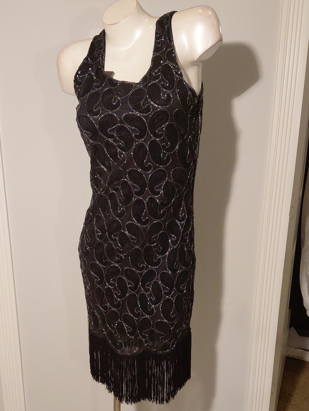 Vijiv Black Beaded Fringe Cocktail Dress